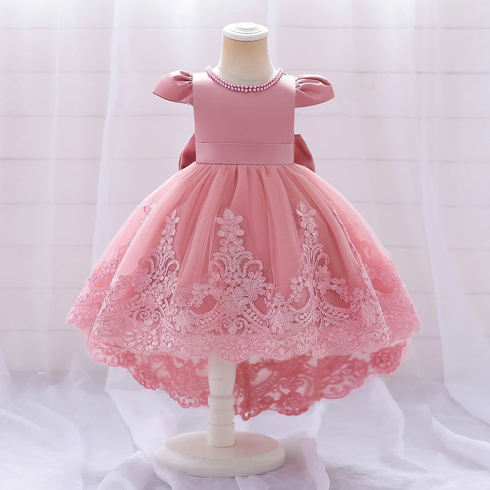 Toddler Bow Baby Dress For Girls Beading Tulle Princess 1st Birthday Embroidery Kids Party Dresses for Girl Pink Baptism Costume
