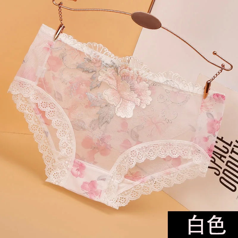 Sexy Embroidery Women Panties Lace Edge Mesh Transparent Briefs Floral Low Waist Seamless Underwear Female Underpants