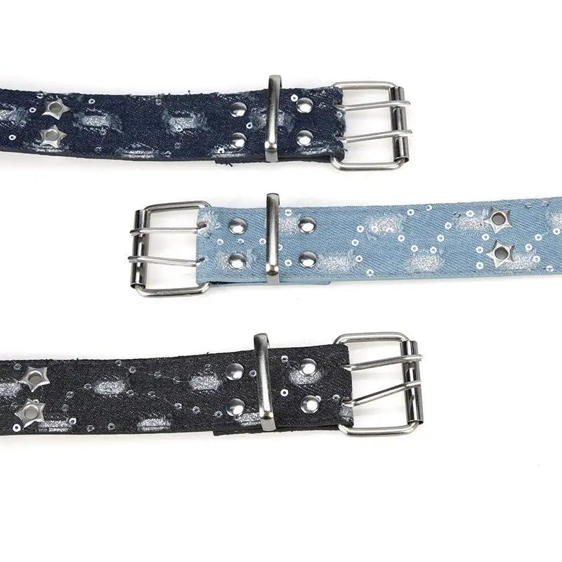 New Luxury Punk Belt Blue Denim Girdle HipHop Star Hollowed Pin Buckle Waistband For Men Women Fashion Accessories