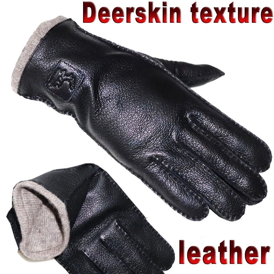 Men's and Women's High-end Buckskin Goat Leather Gloves Autumn and Winter Thin Warm Knitted Wool Lining Driving Leather Gloves