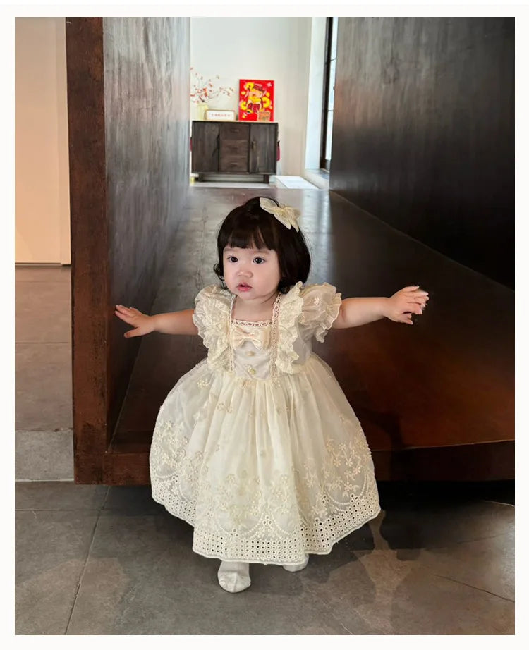 Girls' French Lolita Princess Dress, New Summer Style One-Year-Old Dress, White Cute Little Girl's Beautiful Short-Sleeved Dress