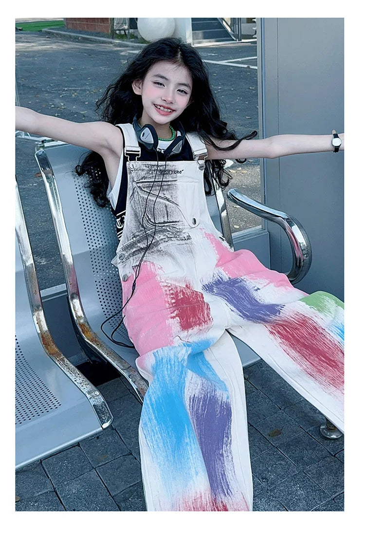 Child Stylish Denim Jumpsuit Dungarees with Drawings for Girl High Fashion Streetwear Suspender Overall Kids Colored Strap Jeans