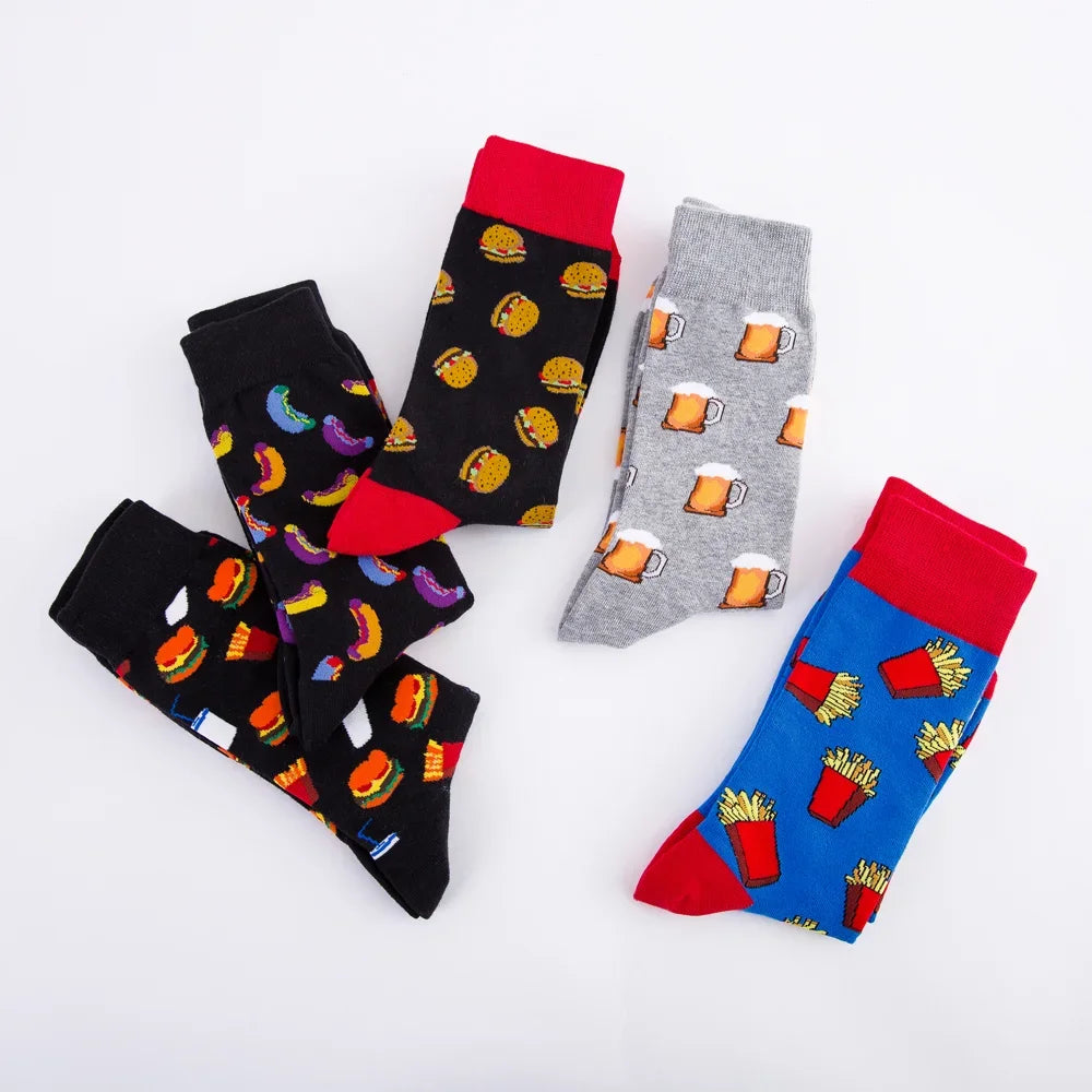 Colorful Hot Dog Hamburg Beer Pattern Novelty Crew Socks Men's Funny Food Kawaii Sokken Creative Casual Cotton Socks For Male