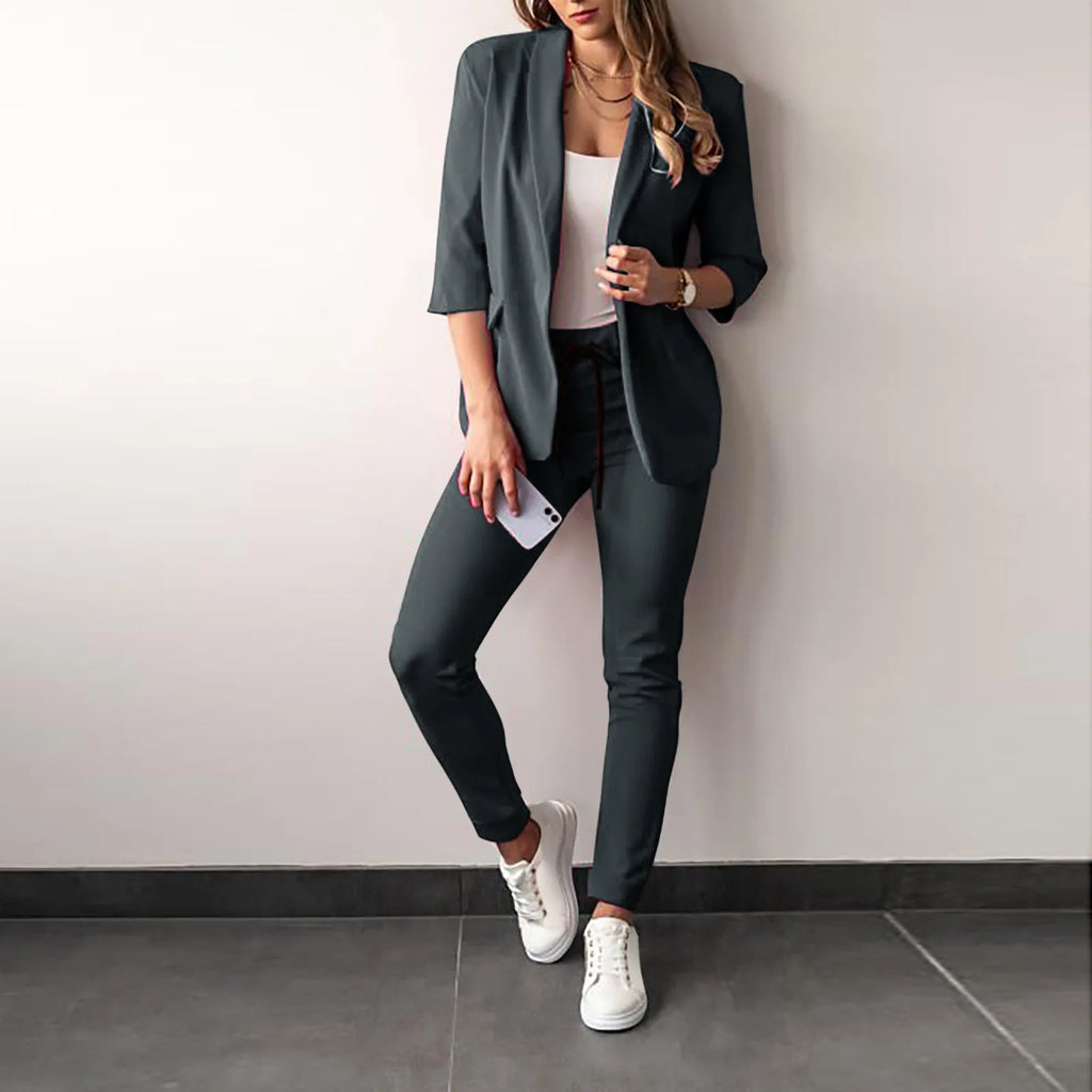 Traje de oficina formal de dos piezas para mujer 2026, conjunto de blazer y pantalón ajustado con bolsillo, solapa, conjuntos de oficina para mujer, chándal de 2 piezas