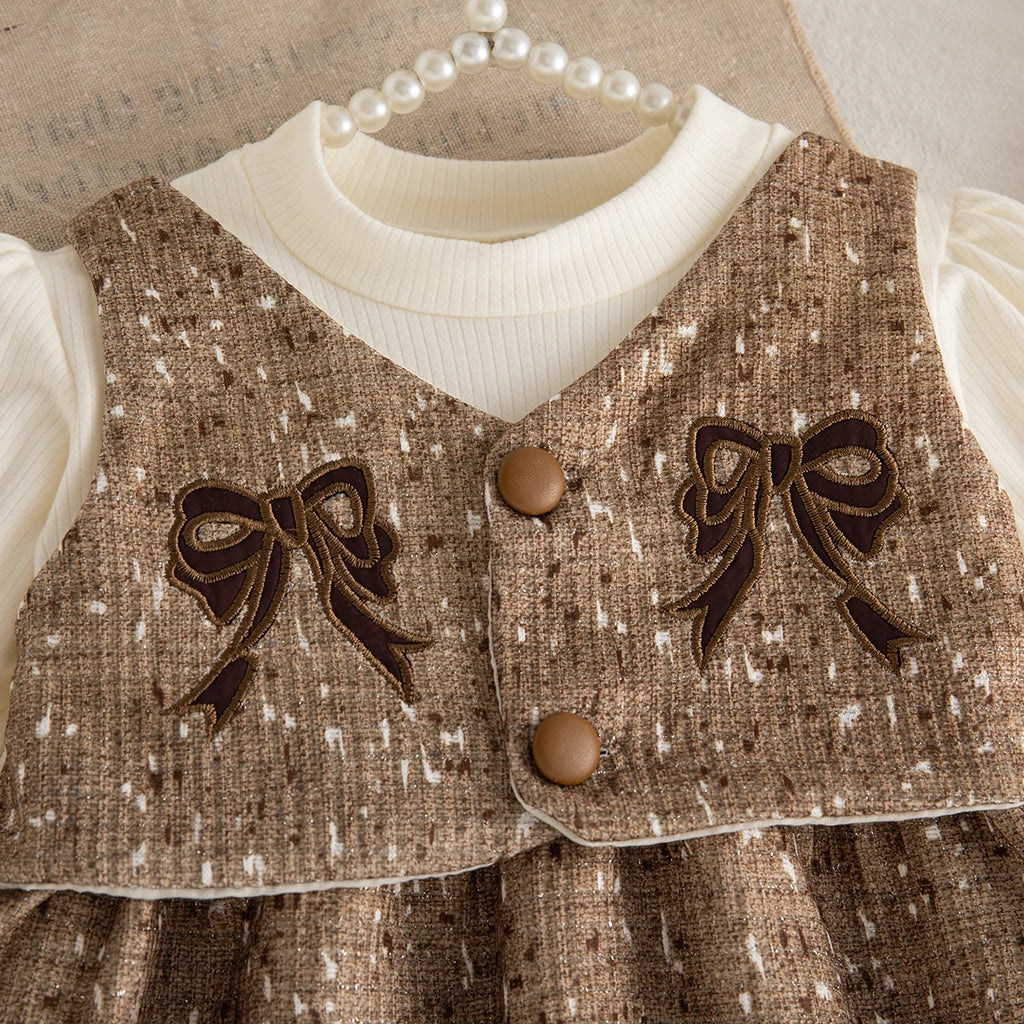 Autumn New Fake Two Piece Long Sleeved Baby Girl Dress, Sweet Bow Children'S Clothing Suitable For Babies Aged 0-3 Years