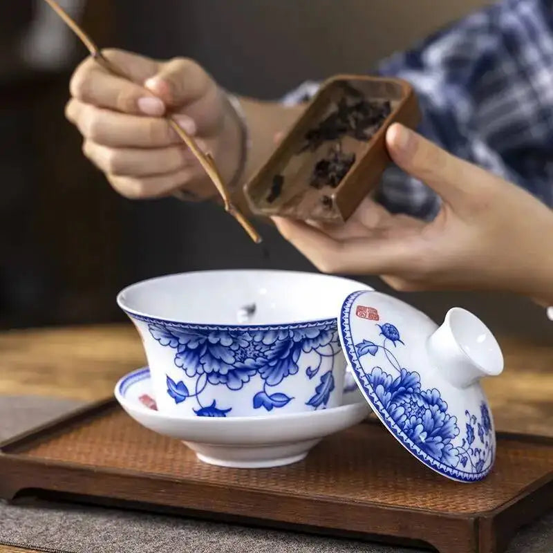 Blue and White Porcelain Gaiwan Tea Cup Large White Porcelain Ningxia Eight Treasures Tea Bowl Set Three Talents Tea Bowl Tea