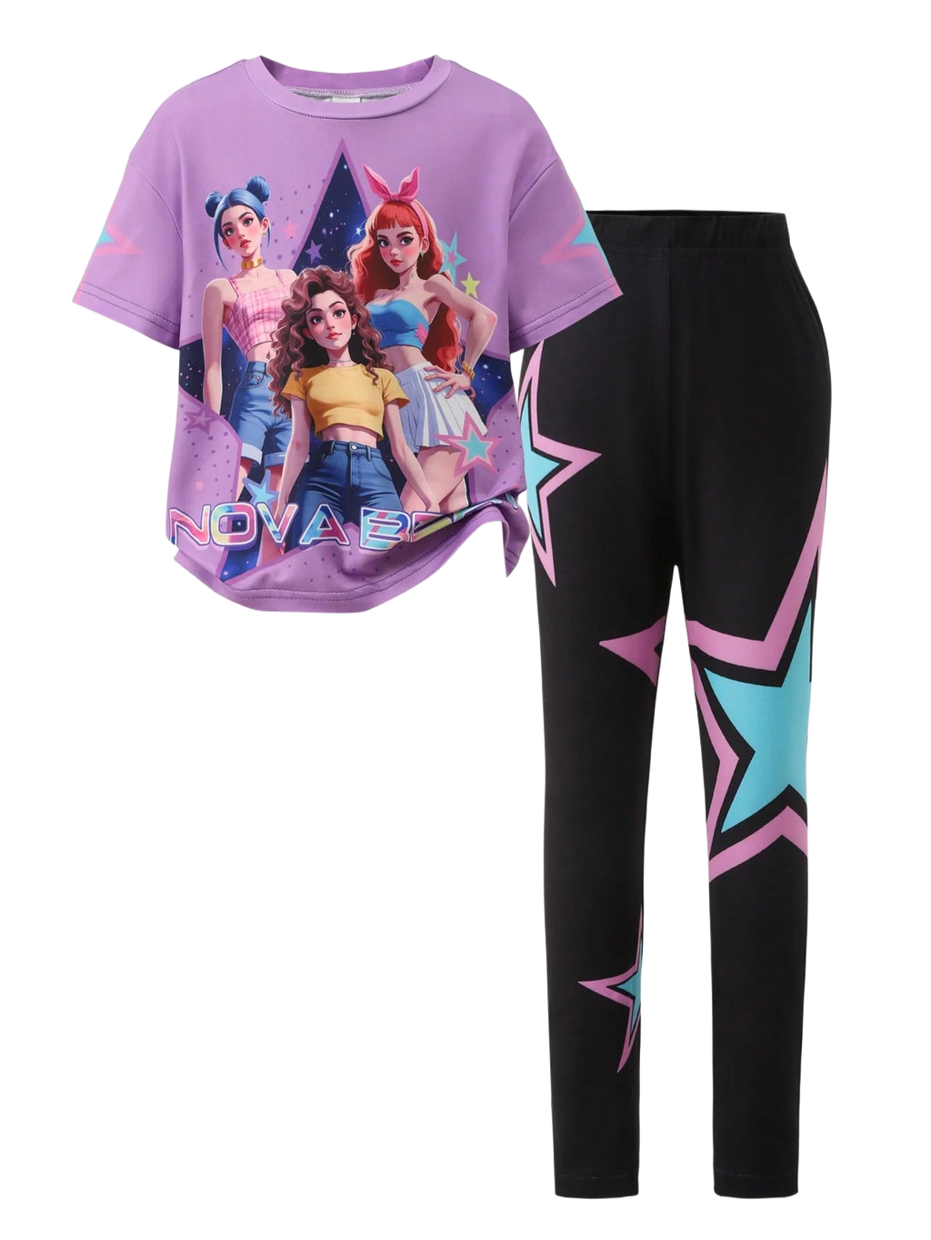 Conjunto de dos piezas de moda para niñas primavera/verano, camiseta de cuello redondo con estampado 3D de K-Pop dibujos animados anime, conjunto de pantalones ajustados