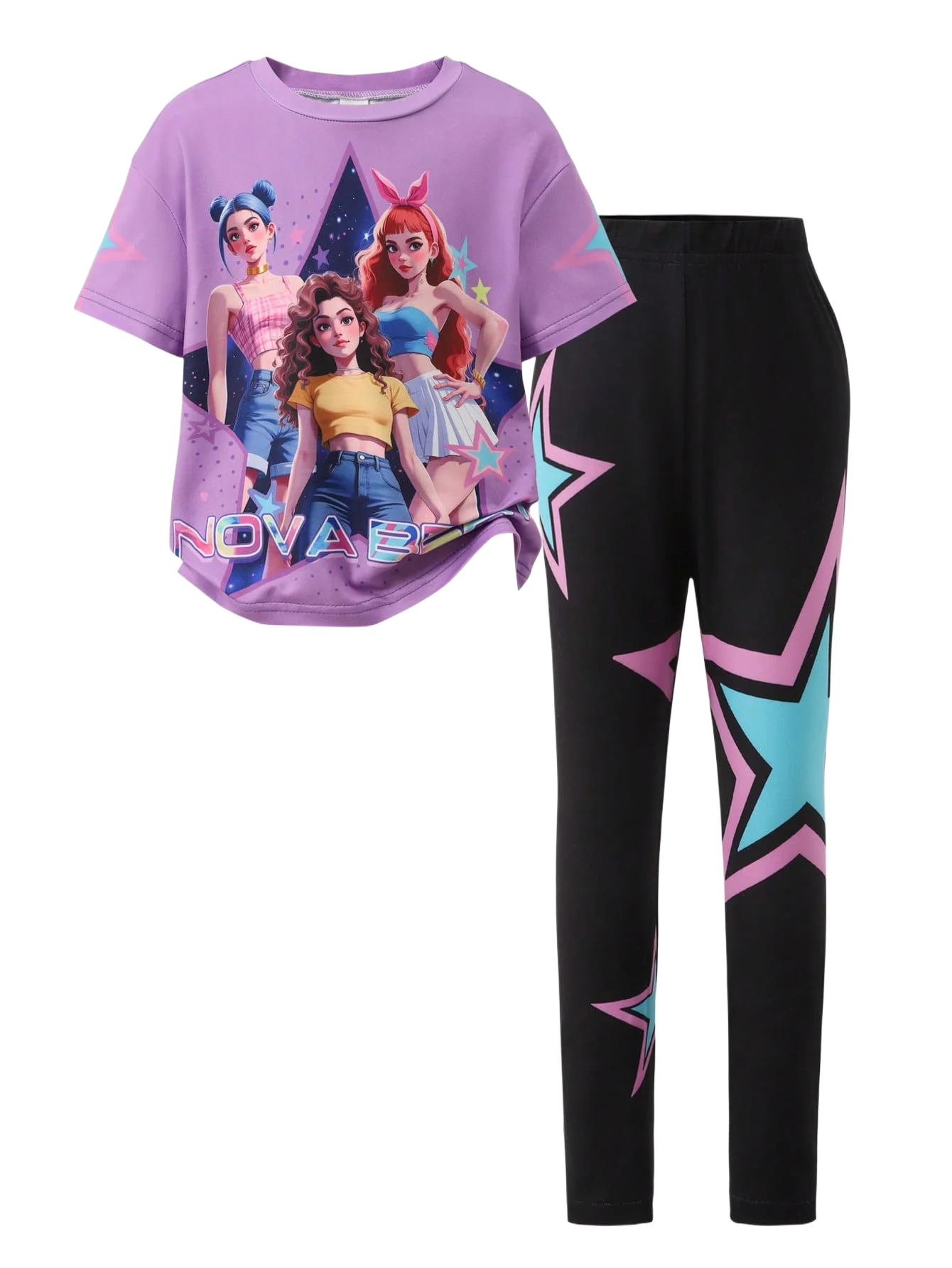 Conjunto de dos piezas de moda para niñas primavera/verano, camiseta de cuello redondo con estampado 3D de K-Pop dibujos animados anime, conjunto de pantalones ajustados