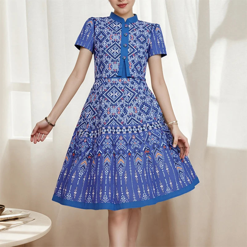ZANZEA Vintage Geometric Print A-Line Dress Women Fake Two-Piece Stand Collar Short Sleeve Knee-Length Robes Holiday Vestidos