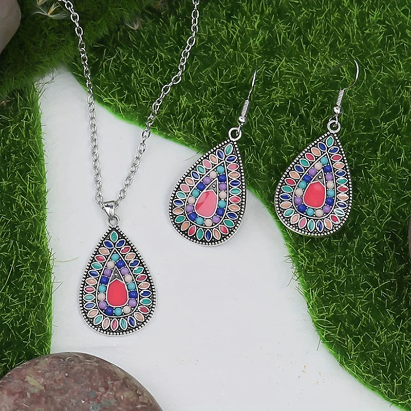 Böhmisches ethnisches Wassertropfen-Ohrringe-Halsketten-Set für Frauen, einfache Öltropfen, mehrfarbig, Temperament, Damen, Urlaubsschmuck
