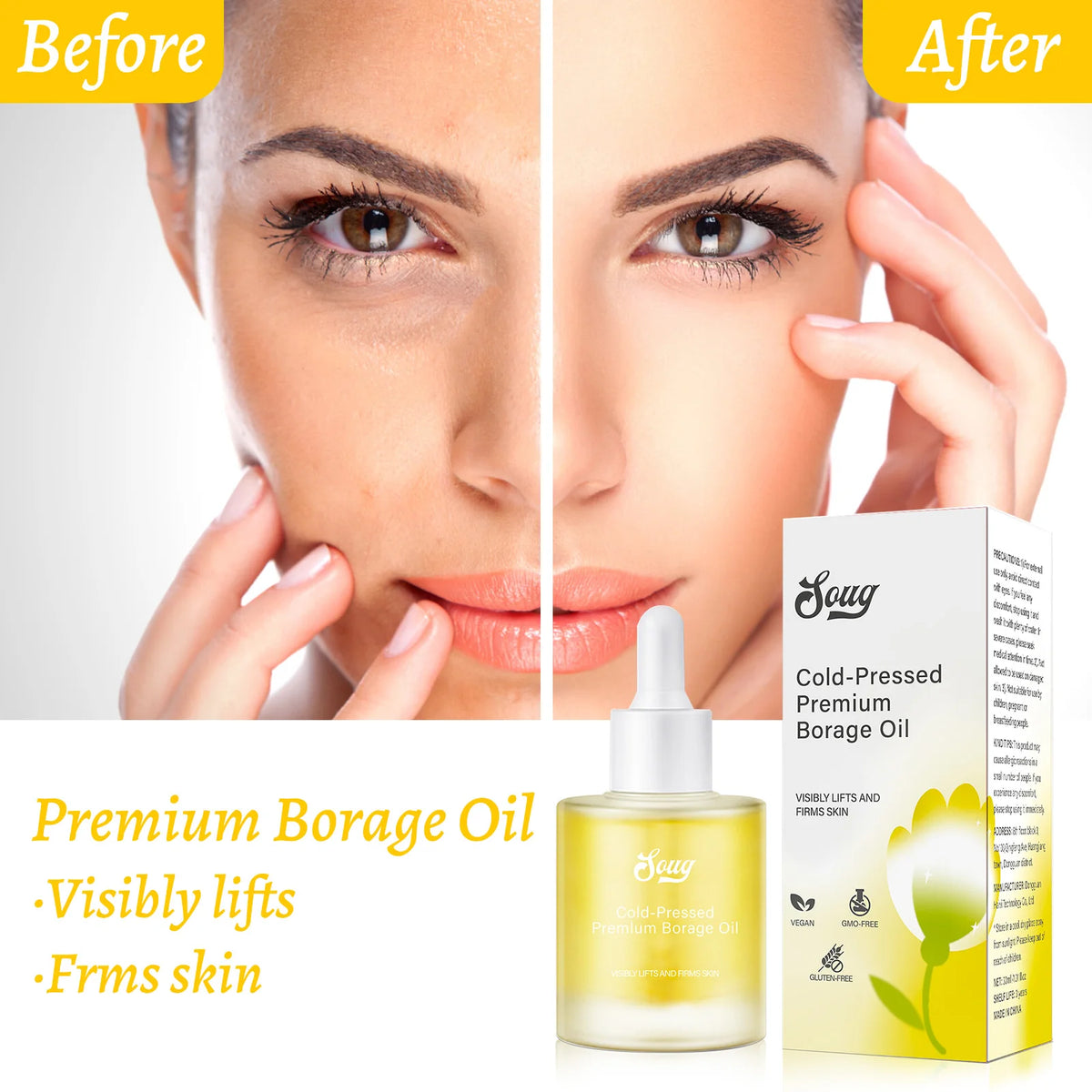 Pressed Borage Oil - 100% Pure Natural Face Oil for Skin Lifting & Firming, Vegan, GMO-Free, for Elasticity & Brightening. 30ml