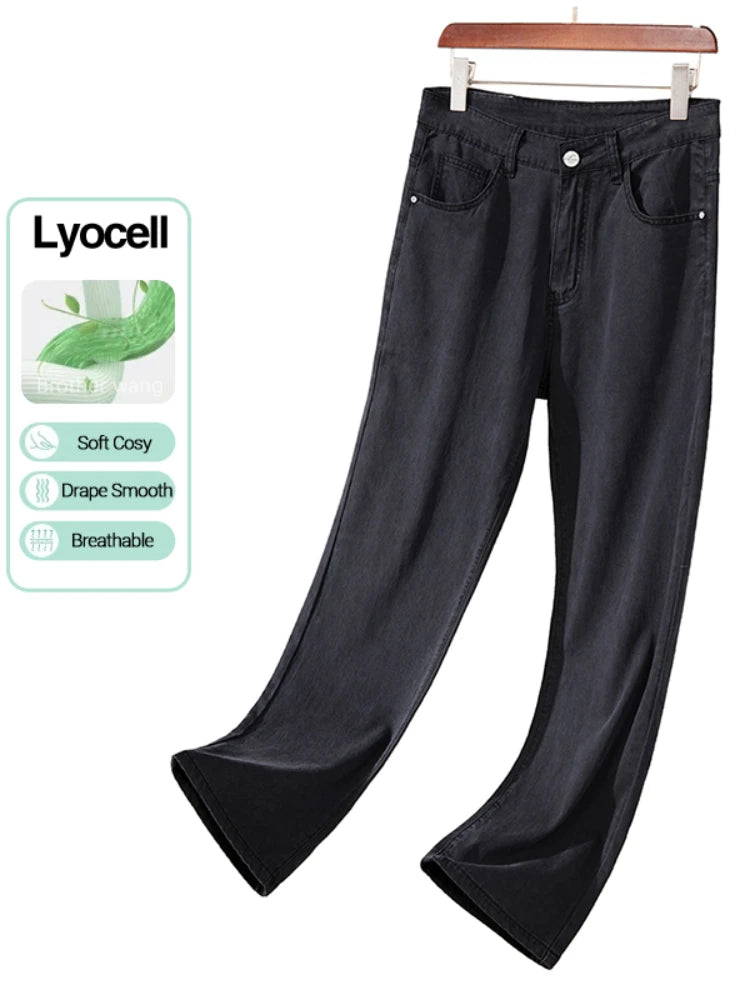 Lyocell Men's Black Jeans Summer Thin Loose Straight Soft Ice Silk Casual business Denim Pants male Elastic Wide Trousers