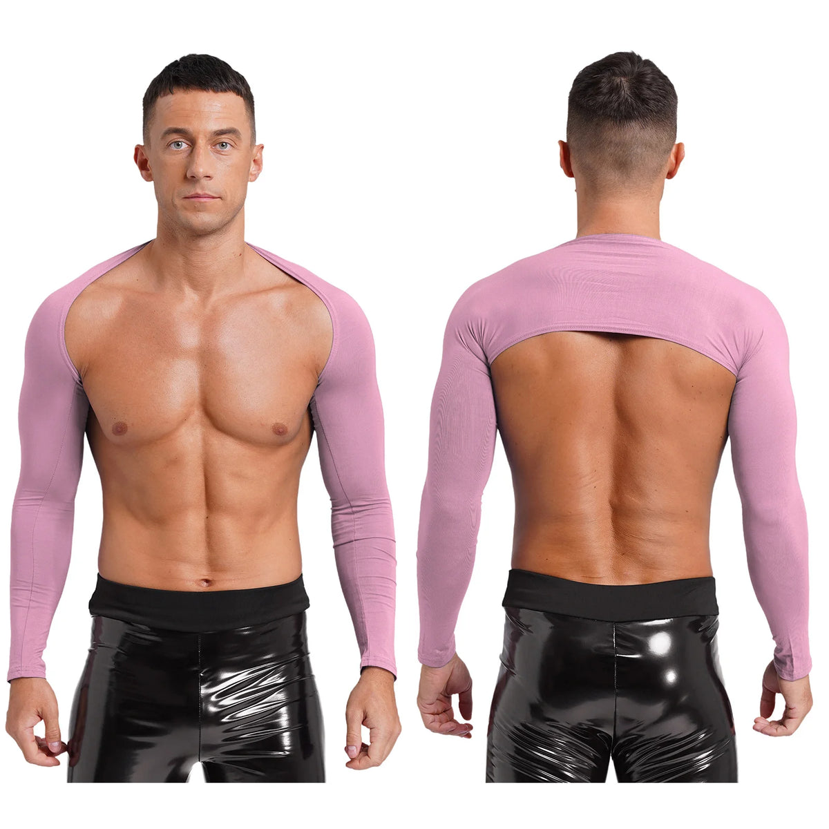Men Open Front Half Crop Top Solid Long Sleeve Cardigan Bolero Shrug Tops Muscle Arm Sleeves Workout Sports Gym Tops Clubwear