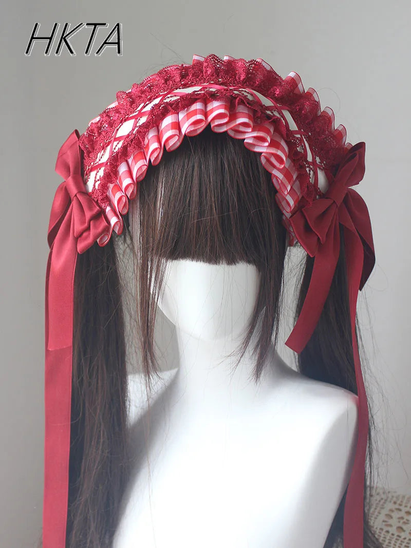 Lolita Sweet Plaid Bow Burgundy Hair Clip Hair Accessories Women Embroidery Lace Stitching Pleated Cake Top Hats Headgear Female