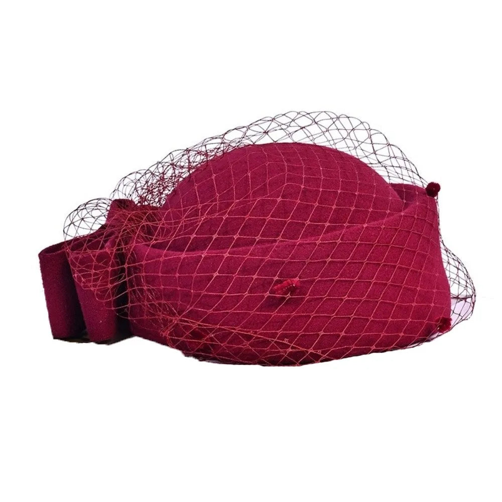 Sweet Mesh Wool Bow Hat with Veil Solid Color British Style Stewardess Cap Photography Decoration Woolen Pillbox Hat Headwear