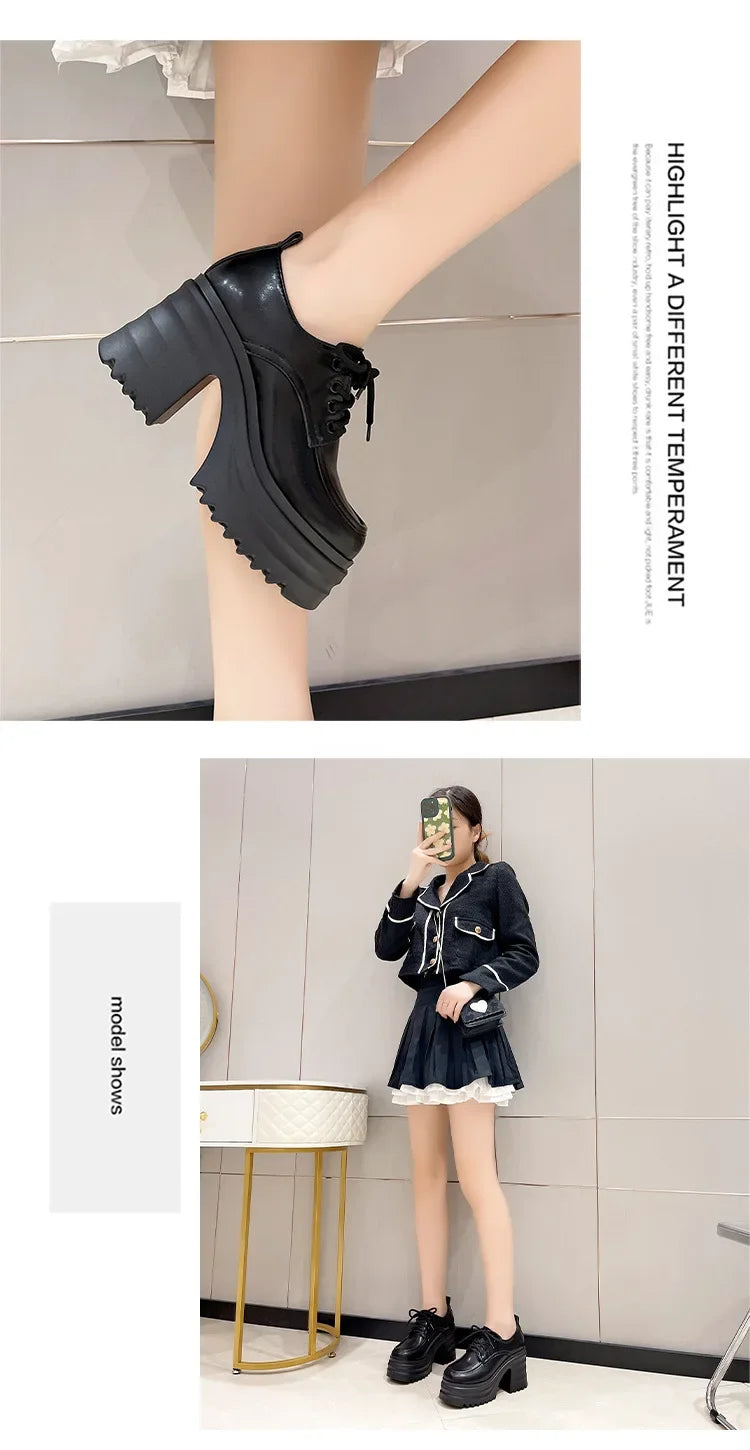 Gothic Chunky High Heels Loafers for Woman New Leather Platform Loafers Female Solid Color Thick Heeled Lolita Shoes 2024