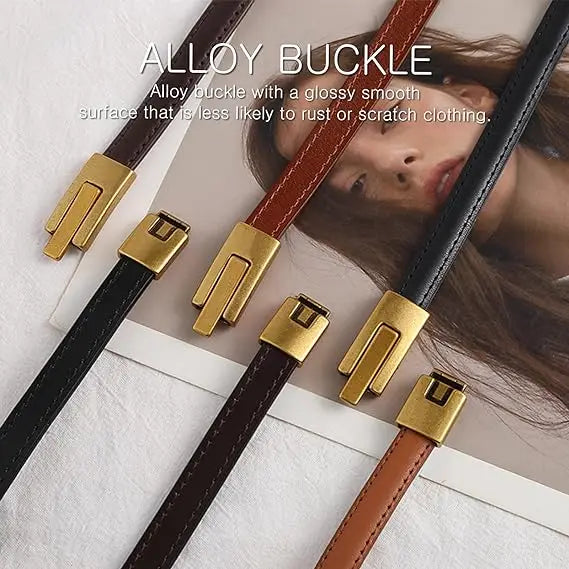 Women Skinny Genuine Leather Slim Belt Adjustable Alloy Buckle Waist Belt for Dress