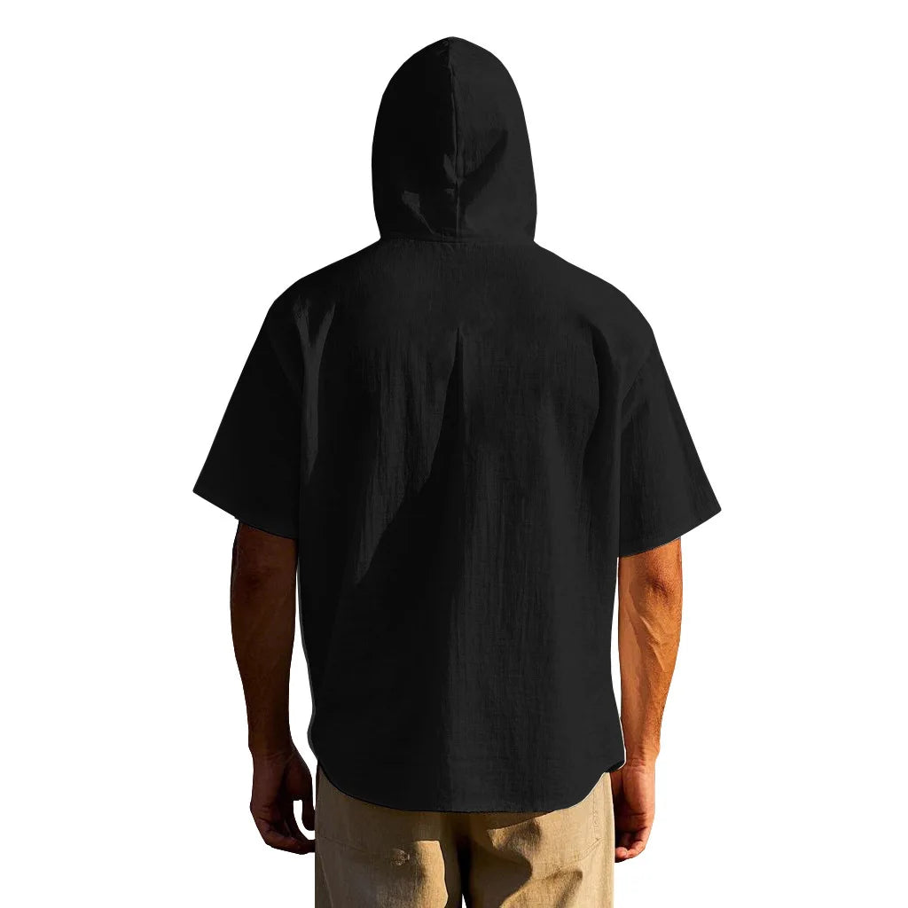 American Summer Men's Thin Breathable Linen Ami Kaji Loose Hooded Short-sleeved Shirt Men