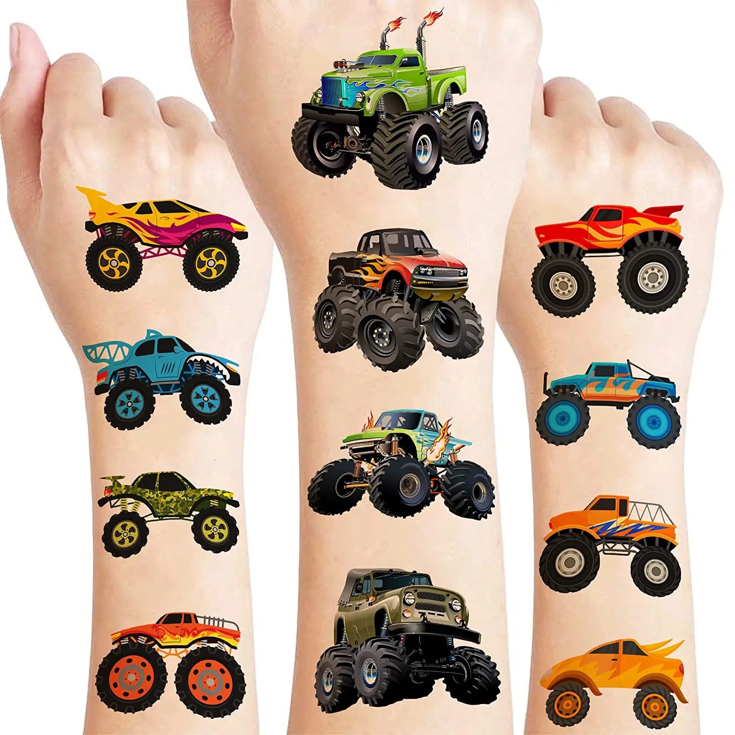 Monster Truck Temporary Tattoo for Boys Racing Car Checkered Flag Wheel Fake Tattoo Stickers Monster Truck Birthday Party Favors