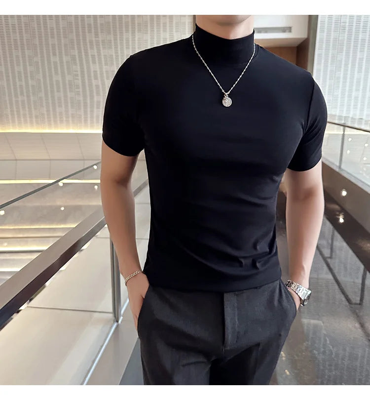 Spring Summer Men's Half High Neck Short Sleeve T-shirt Korean Slim Fit Solid Color Bottom Shirt Casual Cotton Elastic T-shirts