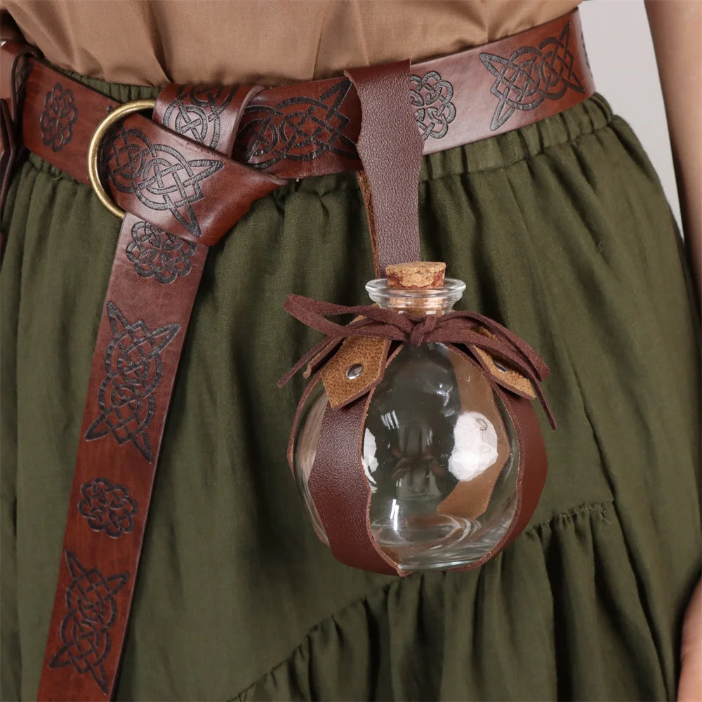 Medieval Belt Elf Leaf Leather Case With Glass Magic Bottle Halloween Decoration Accessories Embossed Retro Leather Belt Set