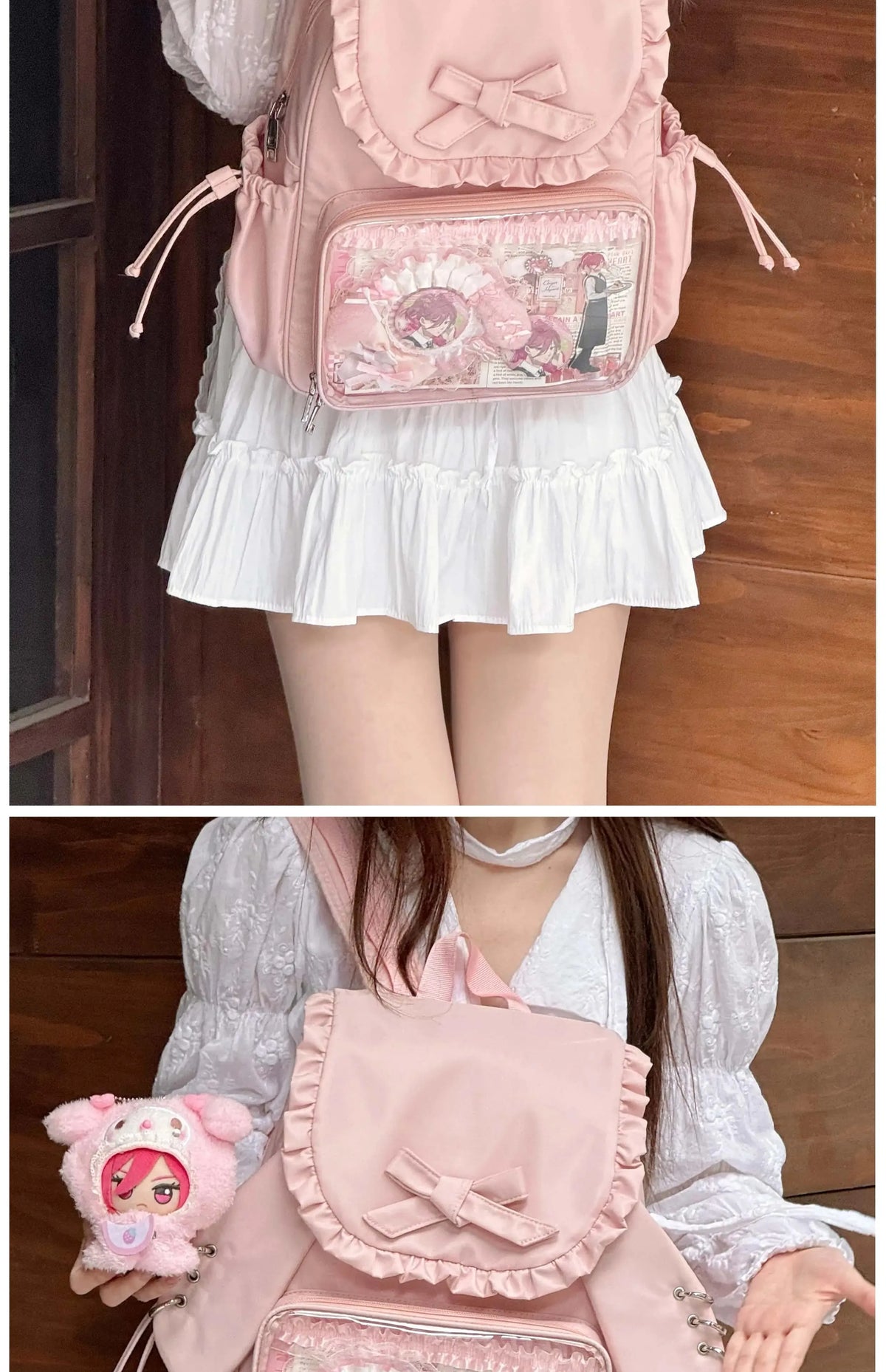 Original Two-dimensional Cute Transparent Large-capacity Backpack Women Sweet Bow Rabbit Ears Bags Preppy Style Kawaii Backpacks