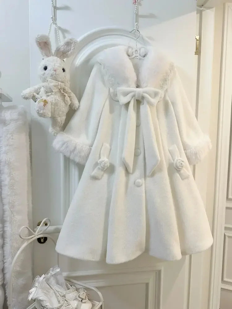 Harajuku Sweet Cute Lolita Coat Women Long Sleeve Mid-length Loose Tops Mujer Furry Lapel Neck Lace Bow White Jackets