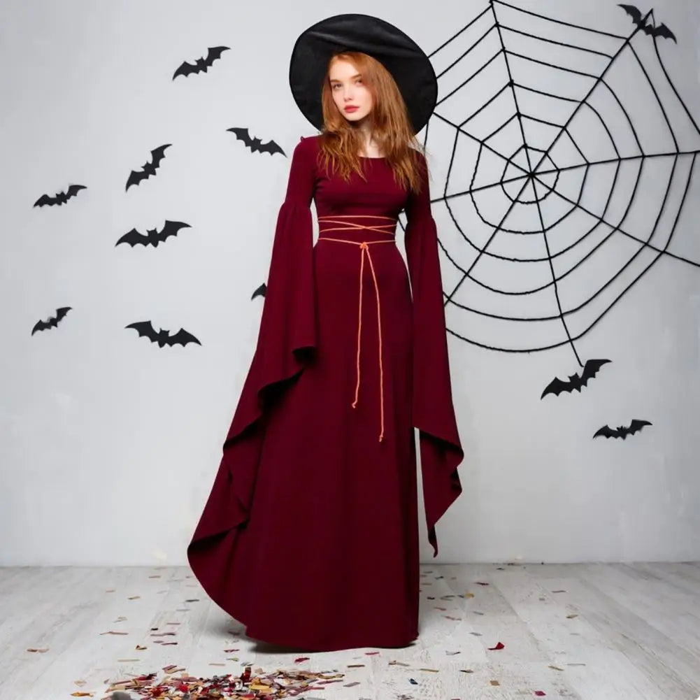 Gothic Dress for Women Halloween Renaissance Witch Dress Long Bell Sleeve Medieval Costume for Halloween Cosplay Party