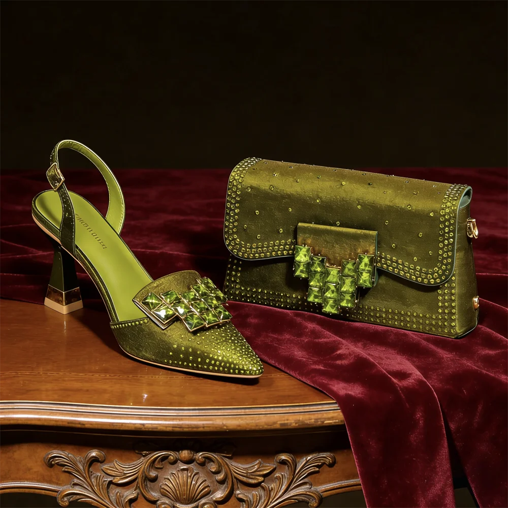Stylish Orange Rhinestone High Heel Shoes & Matching Handbag - Elegant Pointed-Toe Footwear for Women, Ideal for Parties