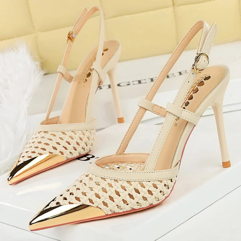Fashion hollow Weaving Women Pumps Metal pointed tip High Heels Stiletto 9.5 cm buckle Summer Women's high-heeled sandals Shoes