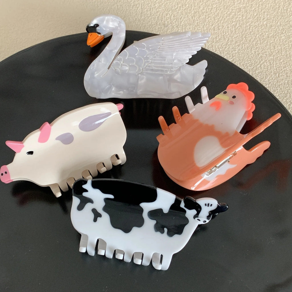 New Cute Animal Hair Claw  Acetate Pig Swan Hair Clips Fun Cartoon Cow Chicken Grab Shark Clips  for Women Hair Accessories
