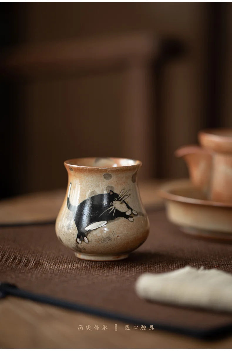 Japanese Imitation Wood-fired Porcelain Teacup Retro Zhiye Cat Ceramic Tea Bowl Household Large Single Master Mug Kung Fu Teaset