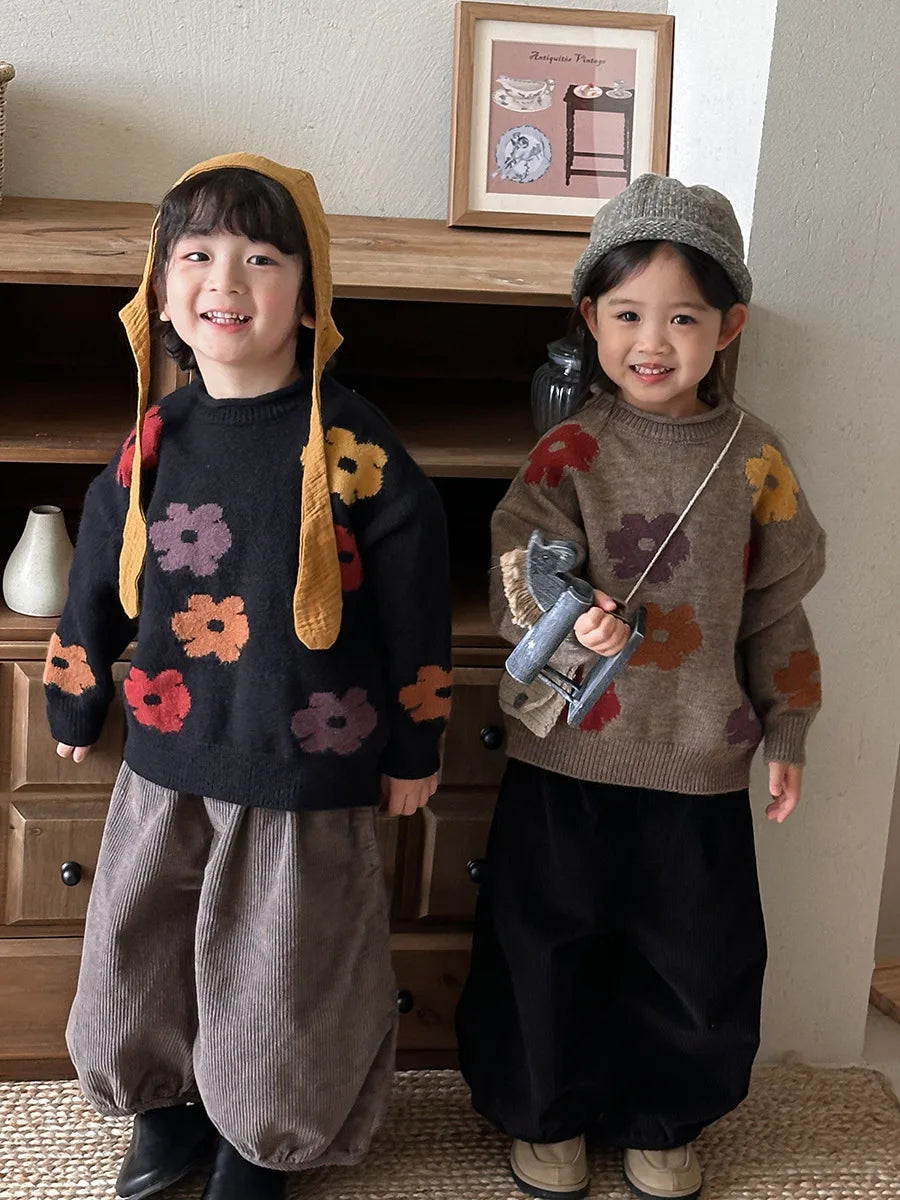 deer jonmi 2025 New Autumn Unisex Children Flowers Knitted Sweaters Retro Baby Boys Girls Pullovers Sweater
