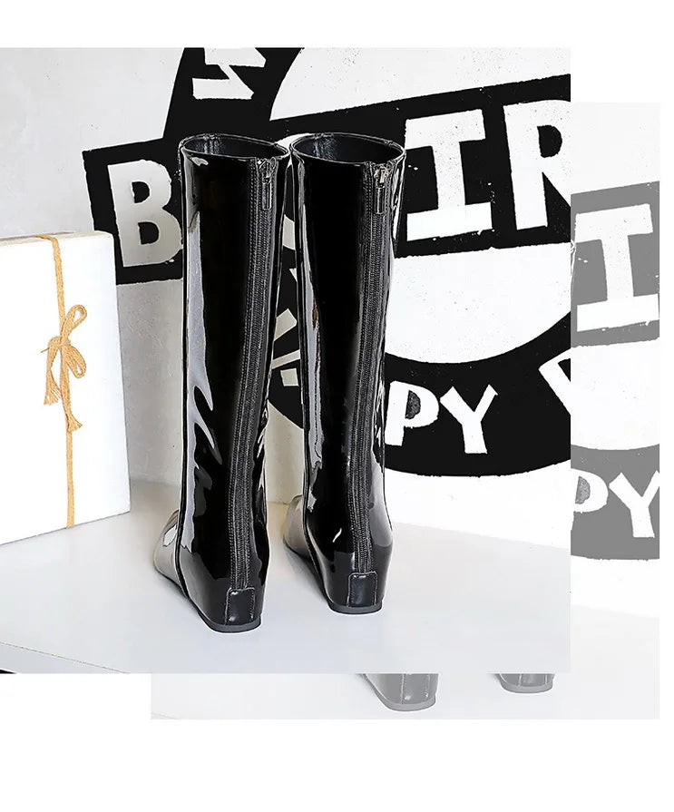 BIGTREE New Black Wedge Heels Women Modern Boots Female Shoes 2025 Fashion Luxury Pointed Toe Ladies Long Knee Western Boots
