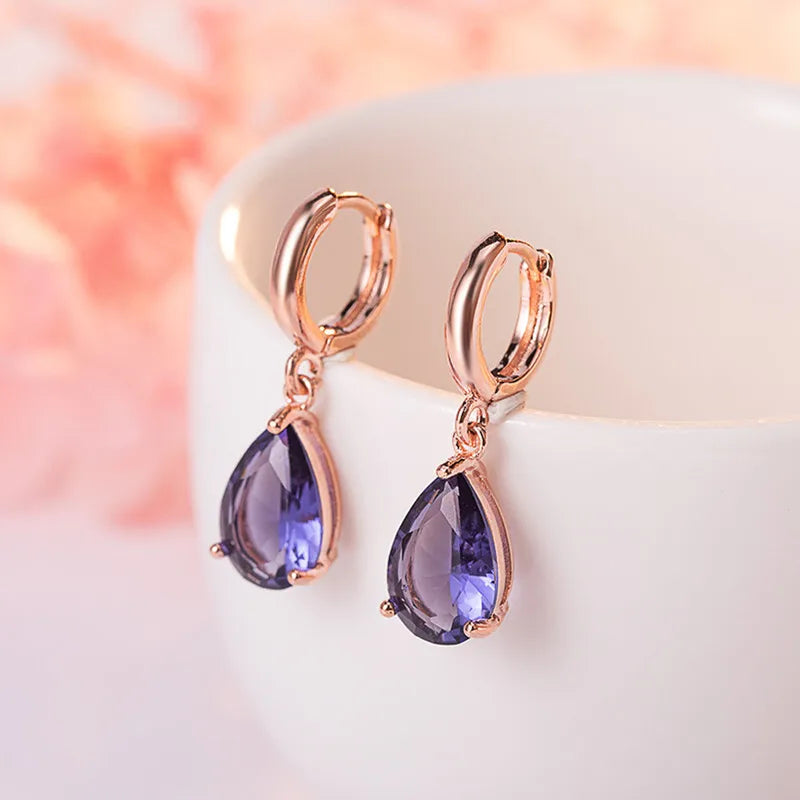 WOSIKATE Vintage Water Drop Shape Amethyst Earrings For Women 925 Sterling Silver Rose Gold Plated Drop Earrings Fashion Jewelry