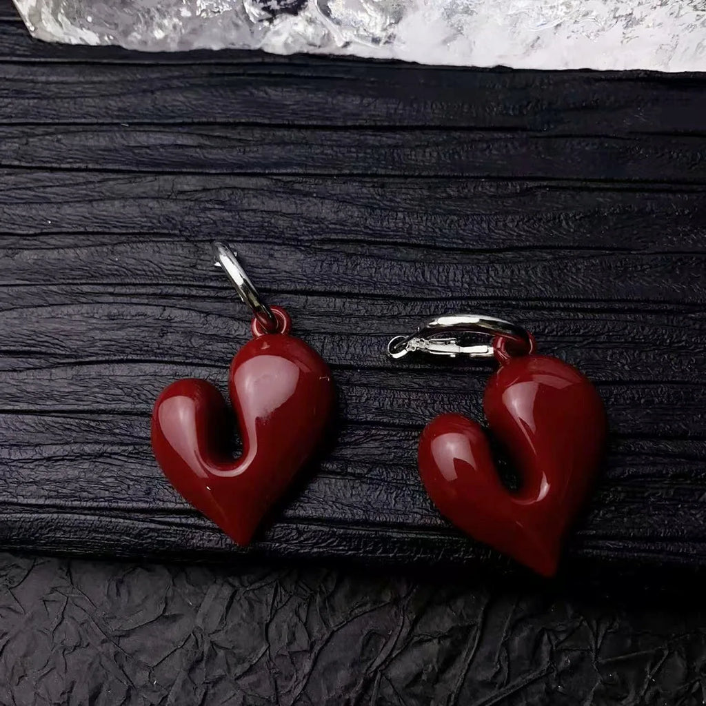 Vintage Wine Red Acrylic Heart Shaped Pendant Earrings For Women Fashion Handmade Round Hoop Earrings Party Jewelry