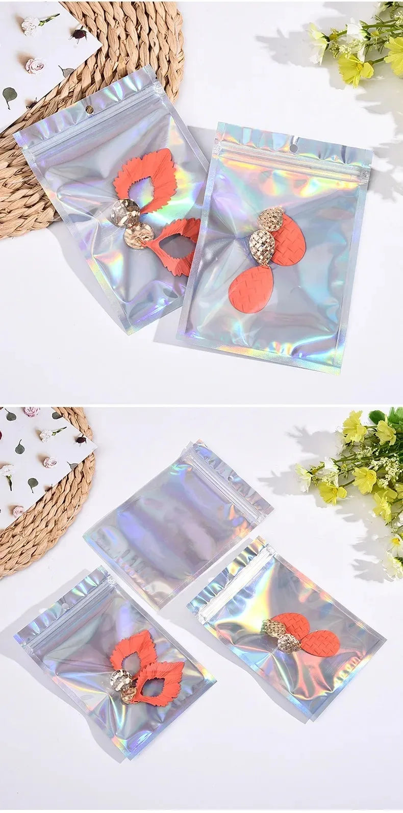 200PCS Laser Ziplock Bag Necklace Earrings Jewelry Gift Packing Bags Cell Phone Cases Colorful Packing Bags Kitchen Organizer
