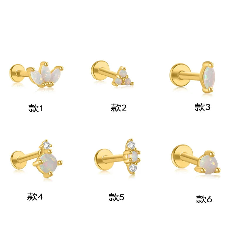 S925 silver opal stud earrings, opal light luxury temperament earrings, geometric piercing jewelry, flat stud earrings