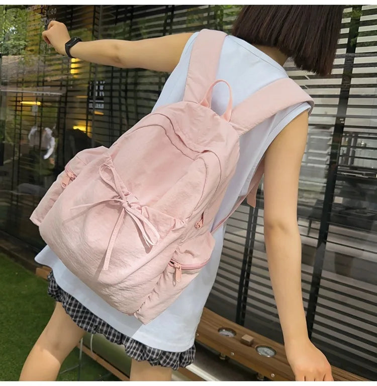 Japanese Style Student Backpack Solid Color Bow Travel School Bag Lightweight and Fashionable Women's Backpack New Simple Casual
