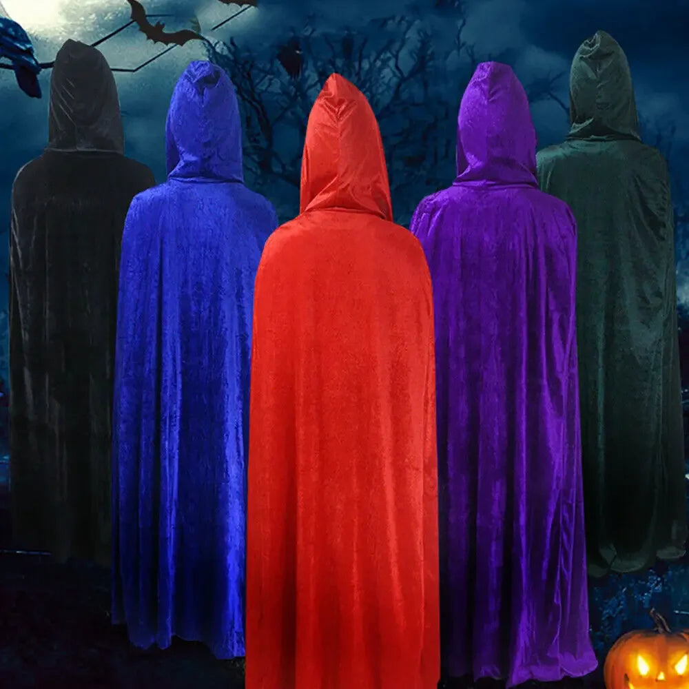 Women Men Halloween Gothic Hooded Cloak Witch Vampires Grim Reaper Capes Velvet Robe Rave Masquerade Party Cosplay Costumes