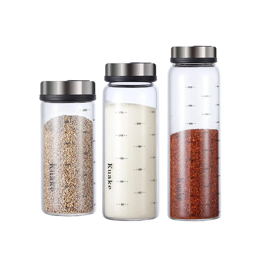 Bote de especias de vidrio de borosilicato alto para pimienta, sal, sésamo, condimento sólido, botella sellada con tapa giratoria