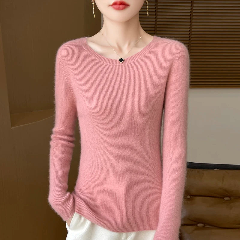 Early Fall New Crew-Neck Sweater Elegant High Elastic Simple Solid Color Thin Knit Crew-Neck Sweater Long Sleeve-GH458