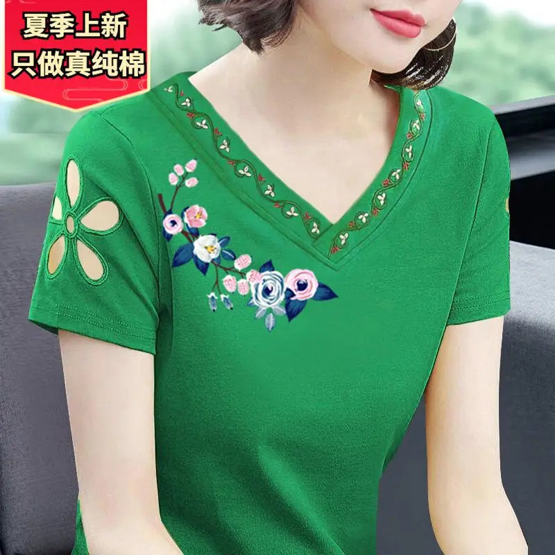 Simplicity Office Lady Summer New Pure Cotton Women's Solid V-Neck Embroidered Fashion Casual Loose Short Sleeve T-Shirts Tops
