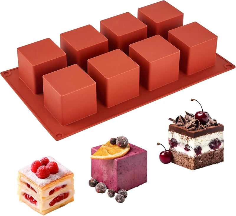 LMETJMA 8 Cavity Cube Cake Mold 3D Square Mousse Cake Baking Mold Silicone French Dessert Mold for Chocolate Brownie Bites JT353