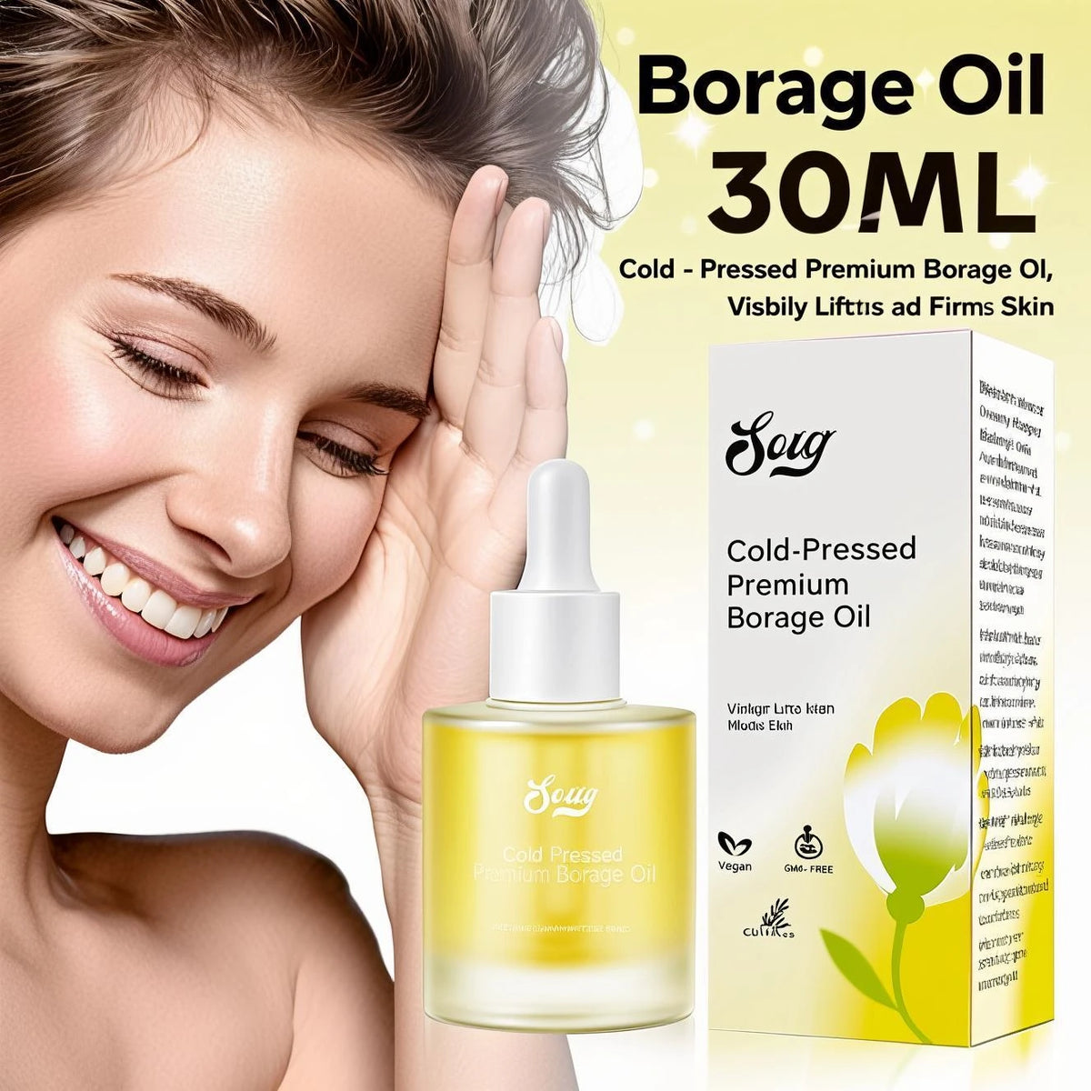 Pressed Borage Oil - 100% Pure Natural Face Oil for Skin Lifting & Firming, Vegan, GMO-Free, for Elasticity & Brightening. 30ml