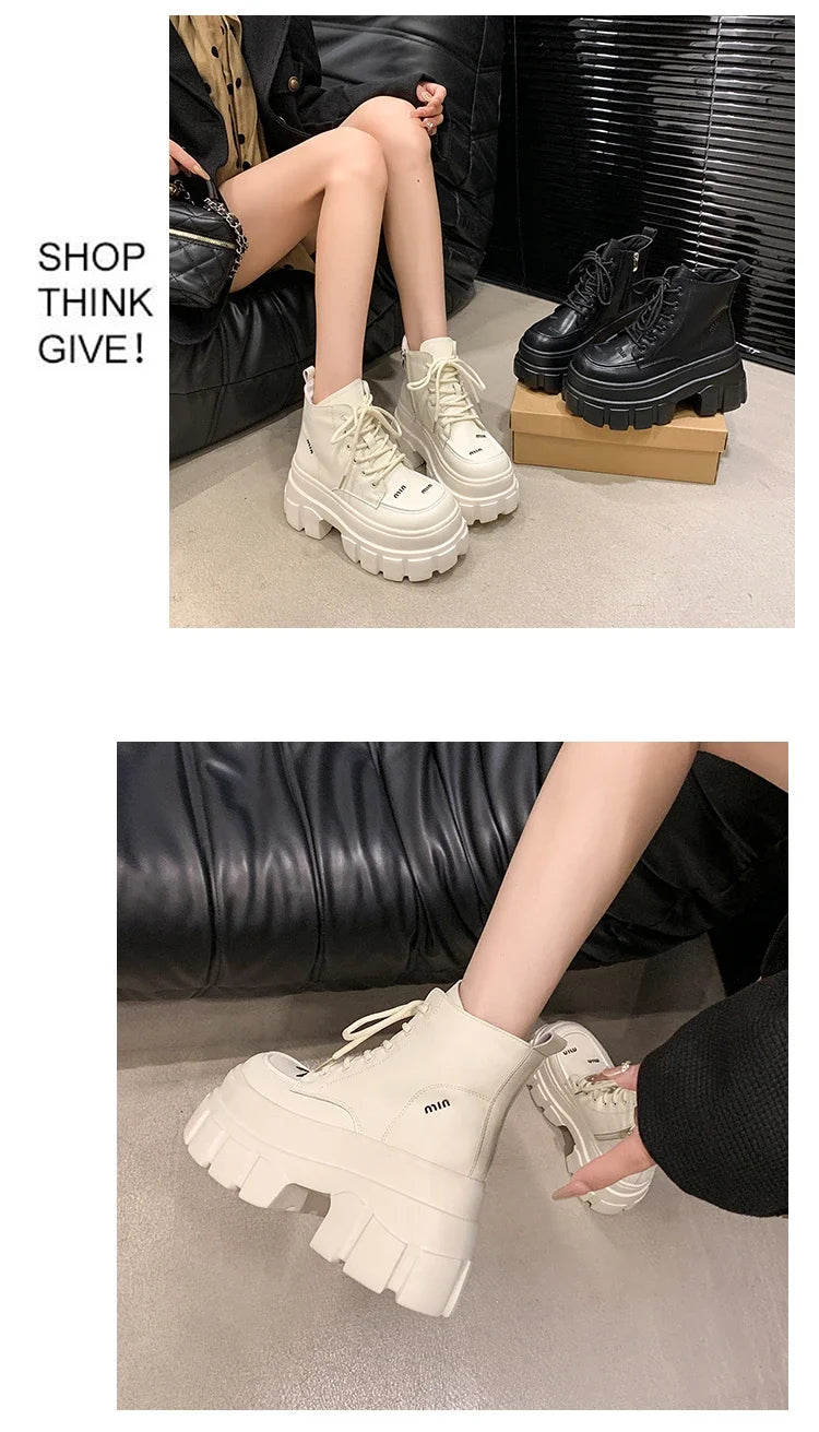 9CM Autumn High Platform Leather Boots Wedge Heels Ankle Boots Winter Women Lace-up Warm Shoes Motorcycle Chunky Sneakers Woman