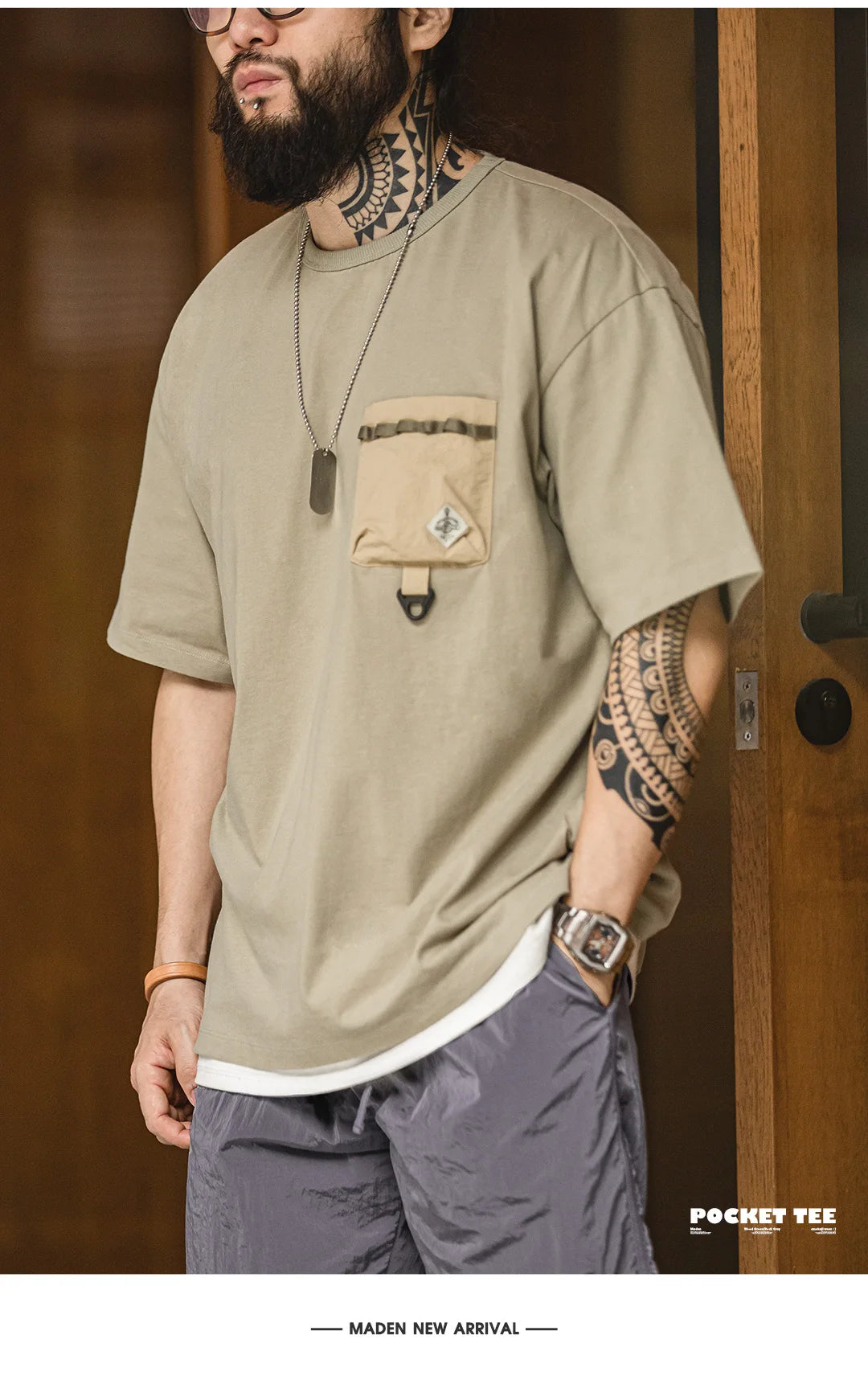 Maden Casual Outdoor Spliced Pocket Short Sleeve T-Shirt Men's Summer Loose Fit Breathable Round Neck Tee Comfortable Street Top