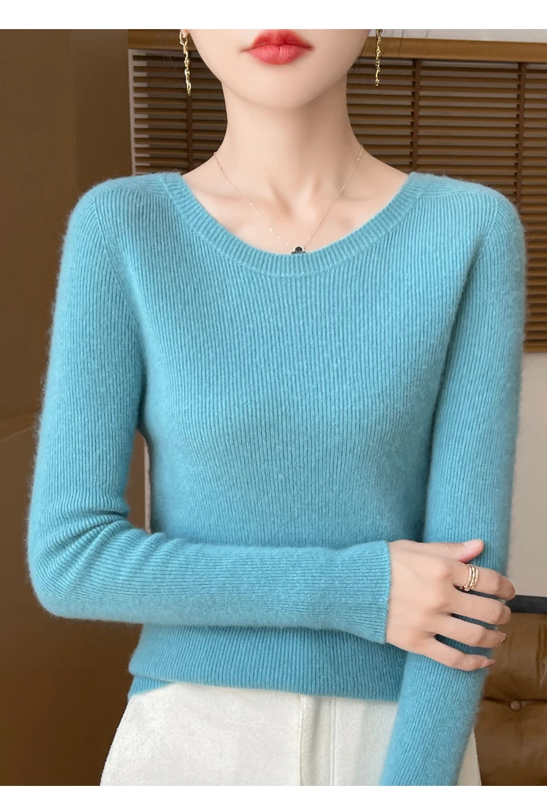 Early Fall New Crew-Neck Sweater Elegant High Elastic Simple Solid Color Thin Knit Crew-Neck Sweater Long Sleeve-GH458