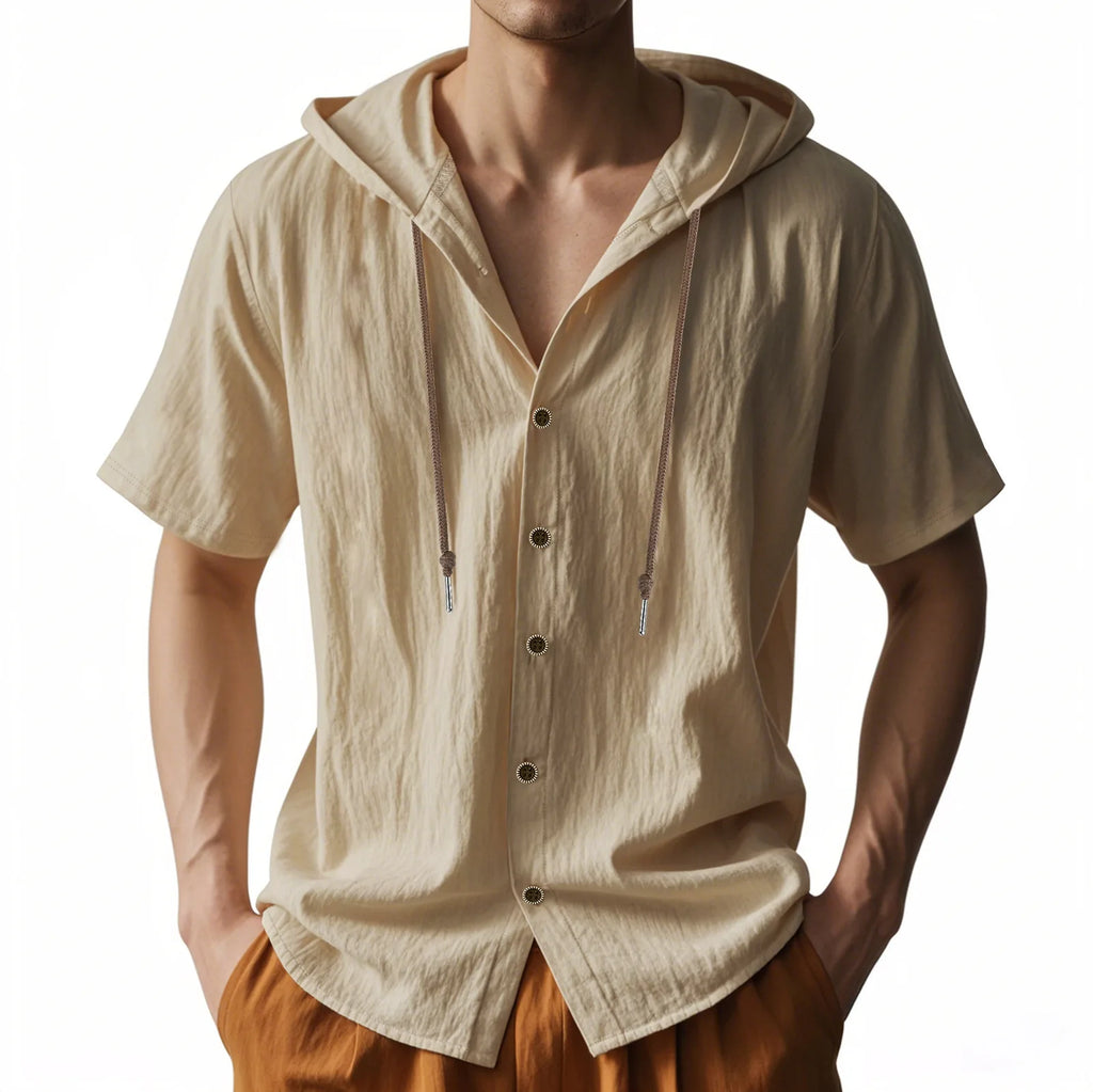 American Summer Men's Thin Breathable Linen Ami Kaji Loose Hooded Short-sleeved Shirt Men