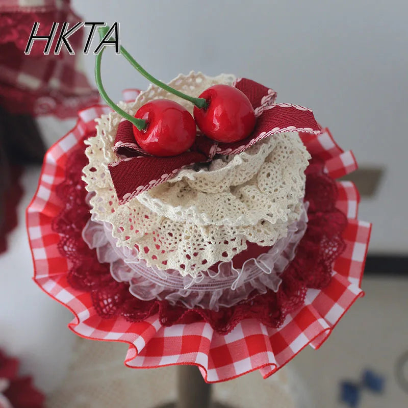 Lolita Sweet Plaid Bow Burgundy Hair Clip Hair Accessories Women Embroidery Lace Stitching Pleated Cake Top Hats Headgear Female